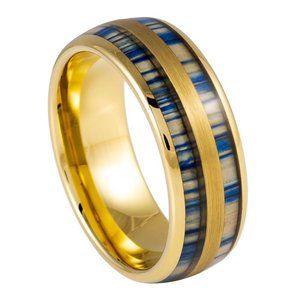 8mm Gold Plated Indigo Died Bamboo Inlay Blue Tungsten Ring Wedding Band